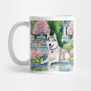 Husky and a flying fish, whimsical watercolor painting Mug